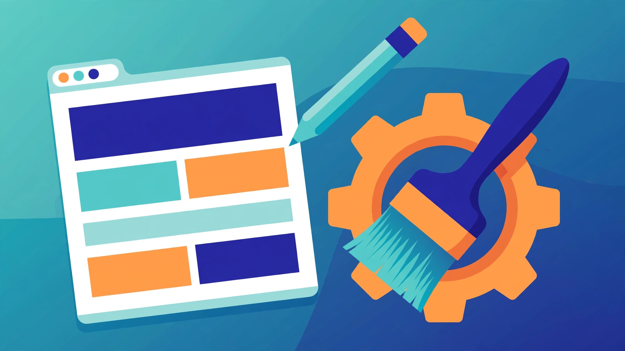 Illustration of a WordPress website development workspace with code editor, theme layout blocks, and a shopping cart icon representing WooCommerce