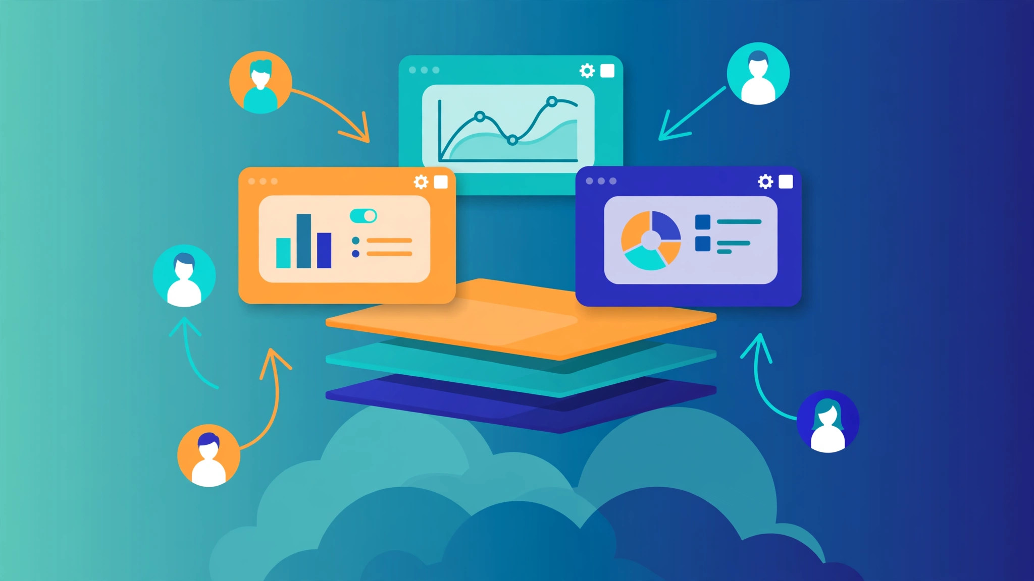 Illustration of a SaaS product dashboard on multiple devices with subscription billing, user analytics, and cloud infrastructure icons