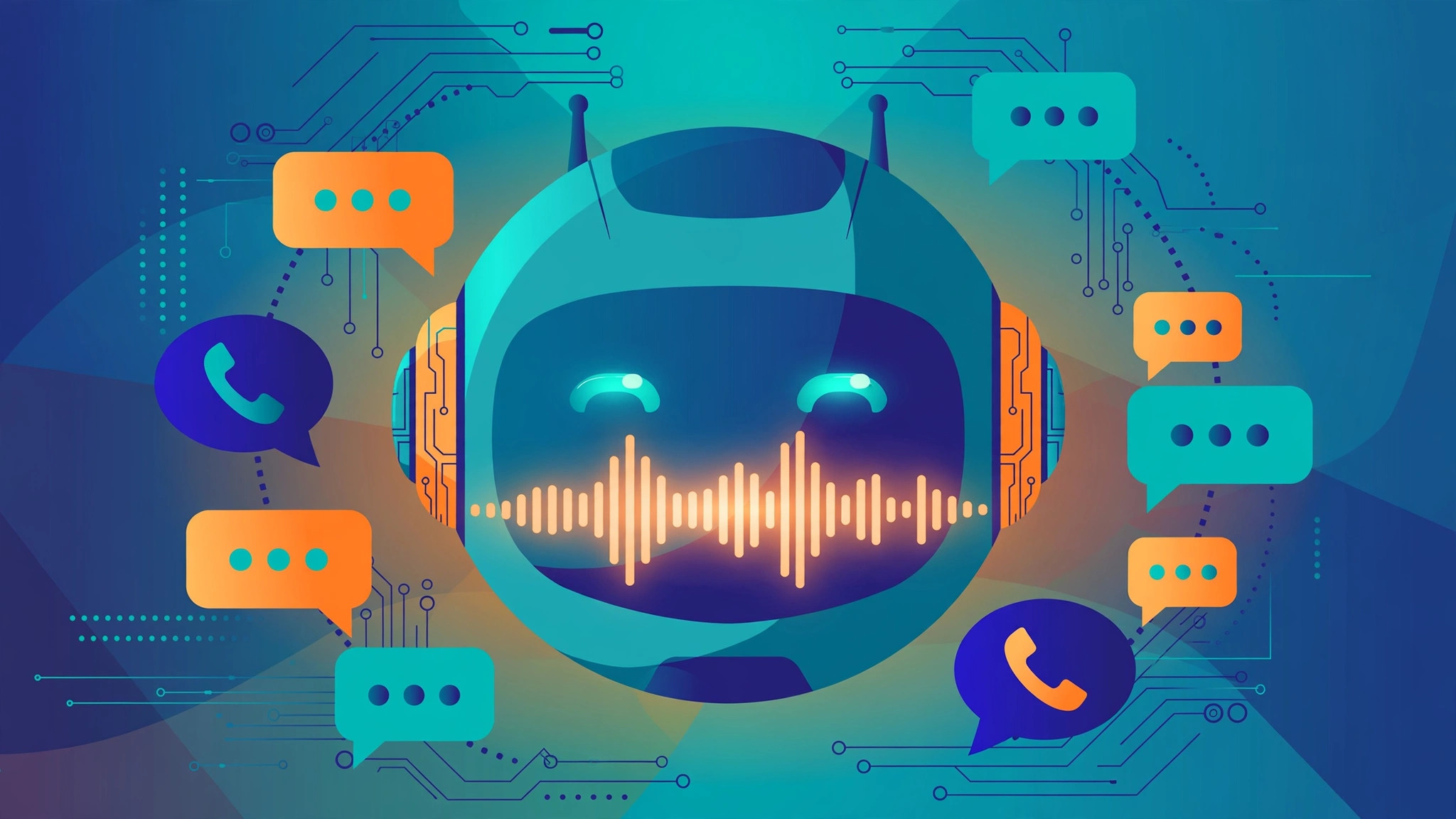 Illustration of an AI voice agent with sound waves, a phone call interface, and speech-to-text conversion visualized around a smart assistant