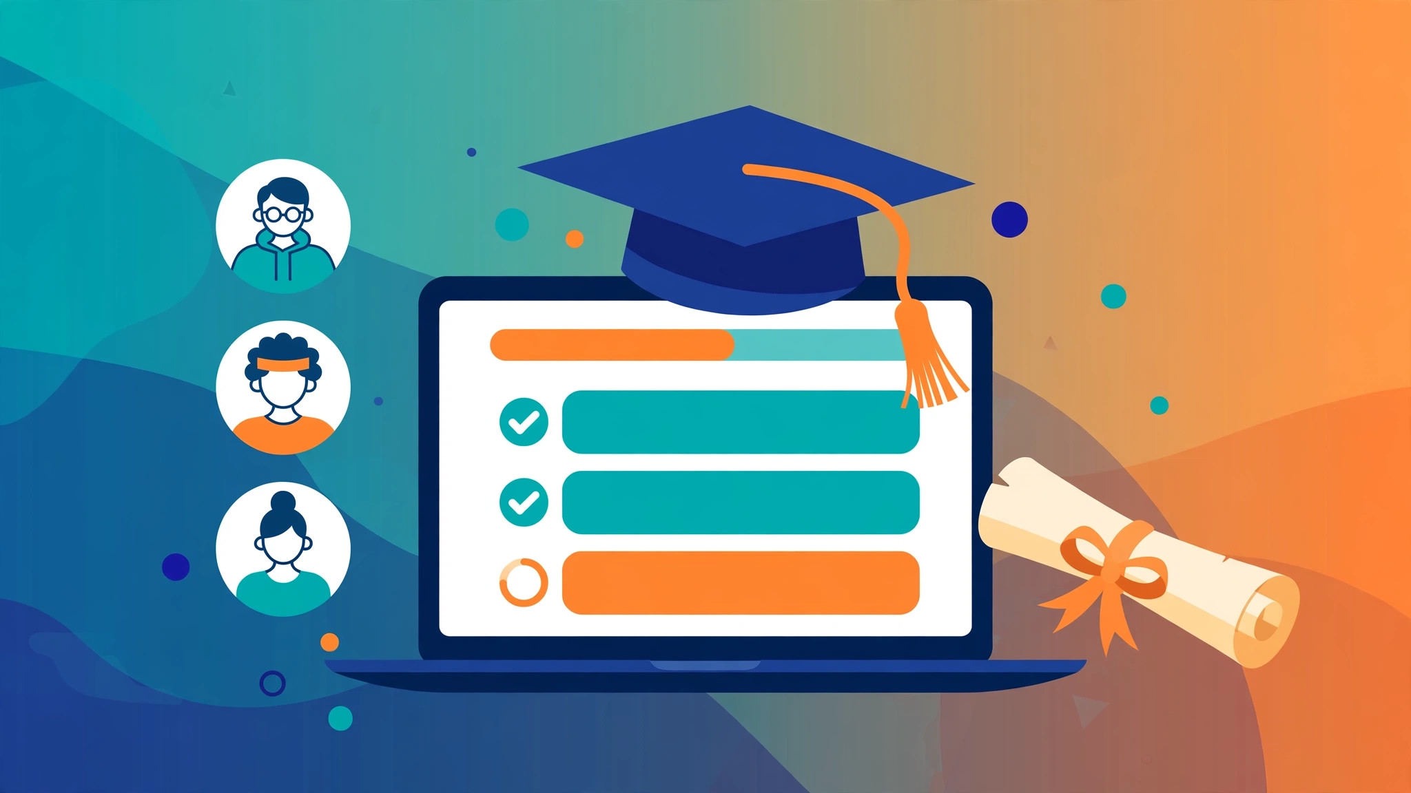 Illustration of an online learning platform with video course player, quiz interface, progress tracking dashboard, and certificates