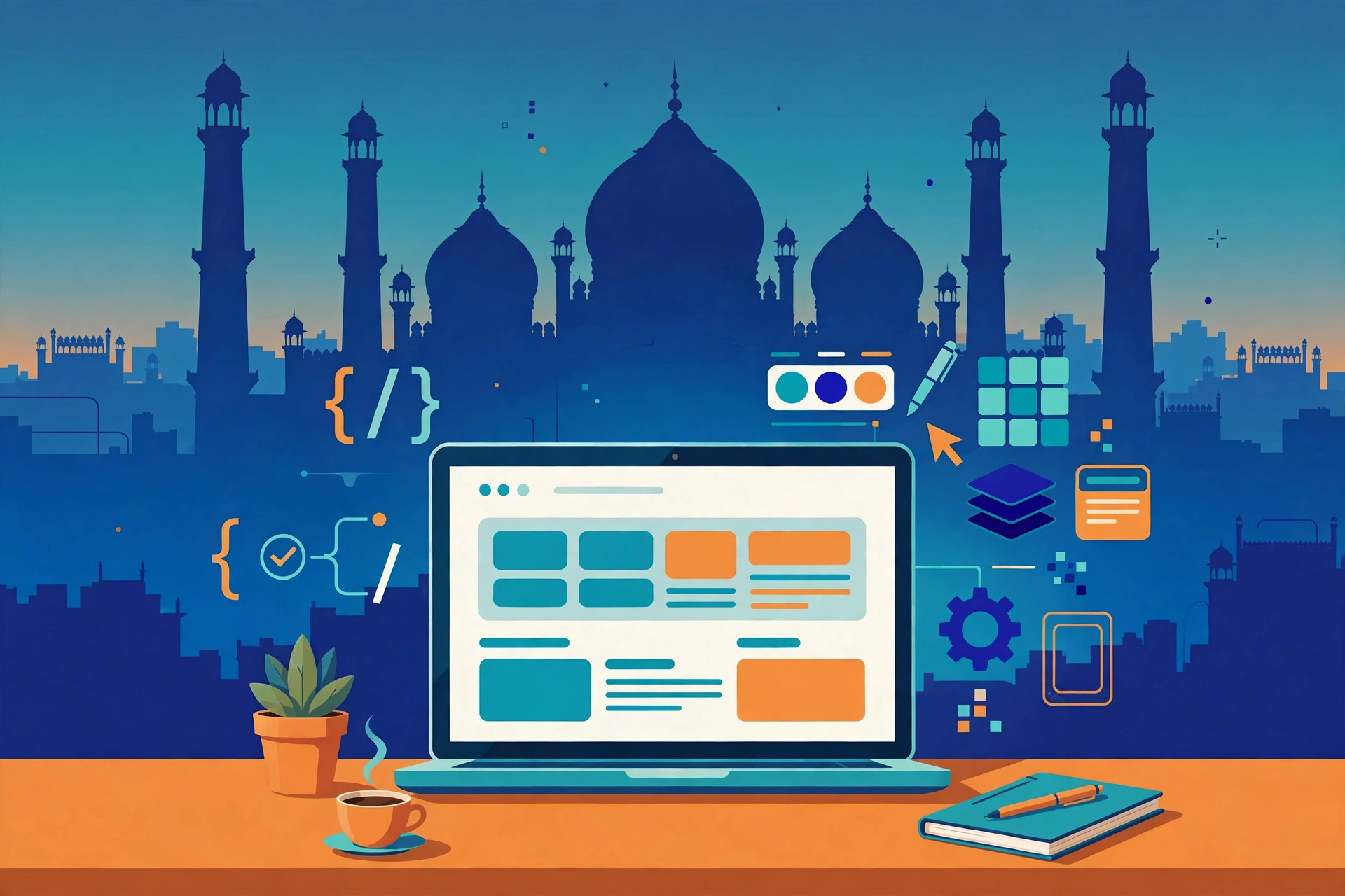 Flat illustration of a web developer workspace in Lahore with a laptop showing a website layout, code symbols, and a Badshahi Mosque skyline silhouette