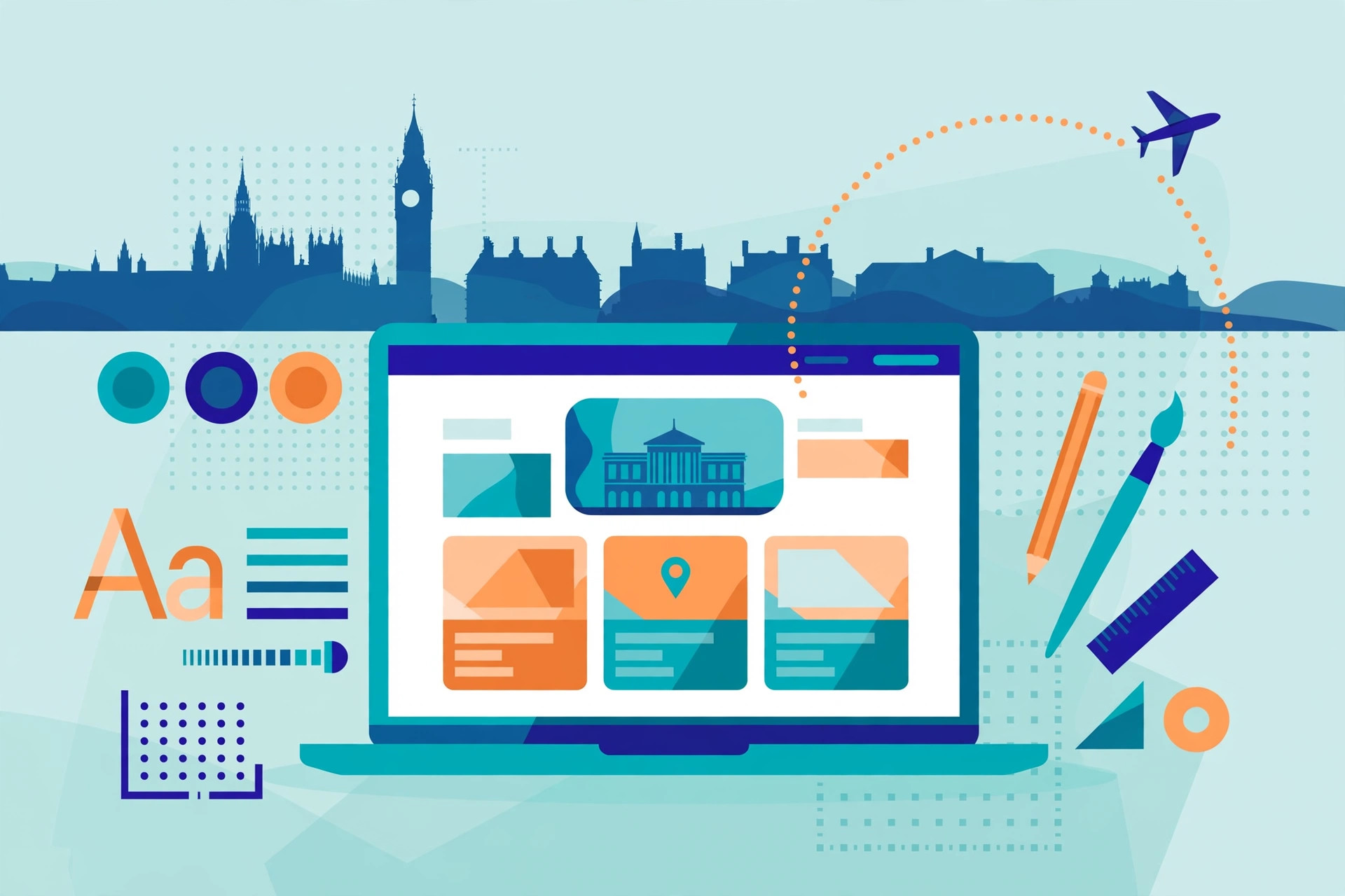 Flat illustration of remote web design for London clients with a laptop, website design elements, and a clock tower skyline silhouette