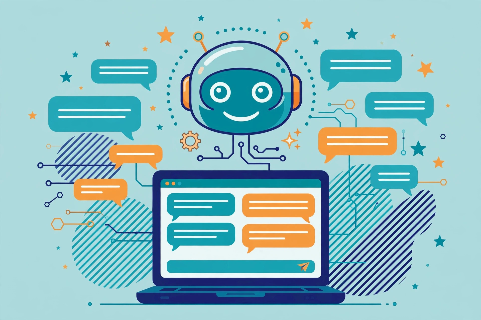 Flat illustration of AI chatbot development for US businesses with a robot head, chat bubbles, and a chat interface on a laptop