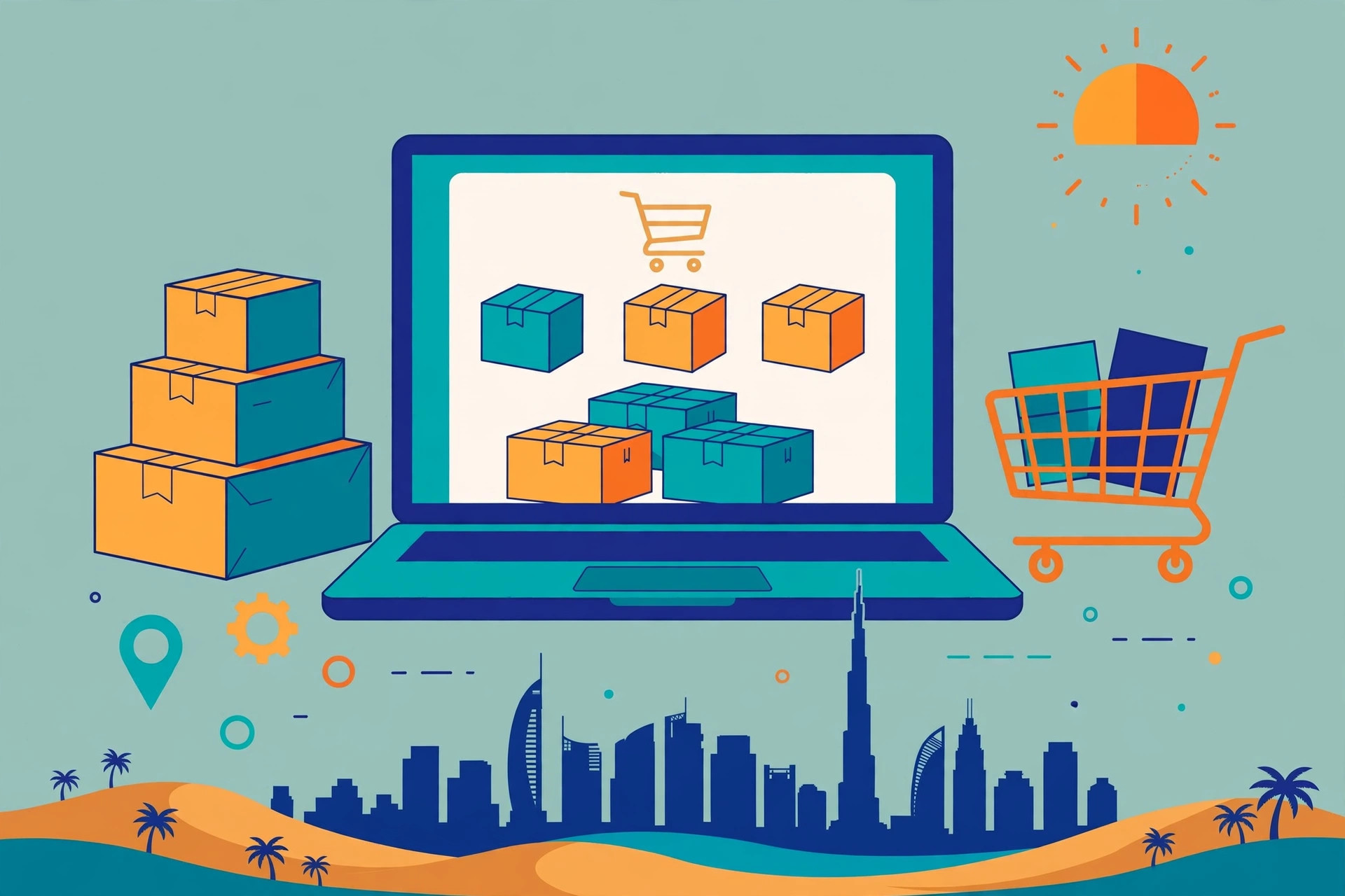 Flat illustration of an ecommerce store on a laptop with shopping cart, packages and UAE skyline silhouette