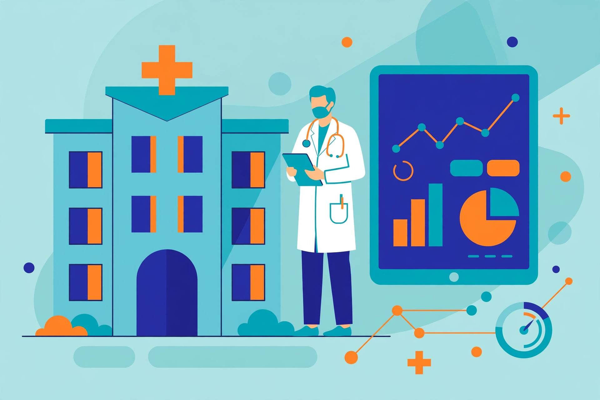 Flat illustration of a hospital building with medical cross, doctor figure and analytics dashboard on a tablet