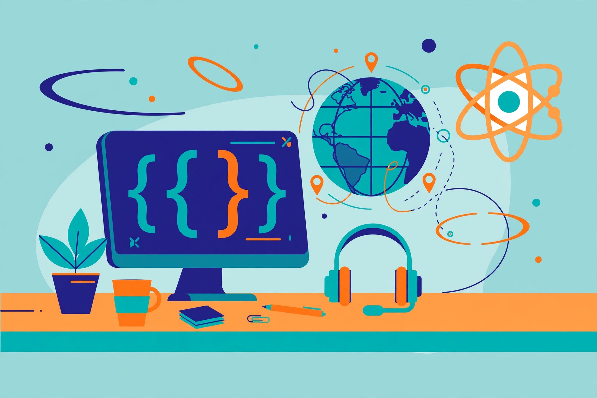 Flat illustration of a home office desk with code on a monitor, headset, globe and React atom motif for remote hiring