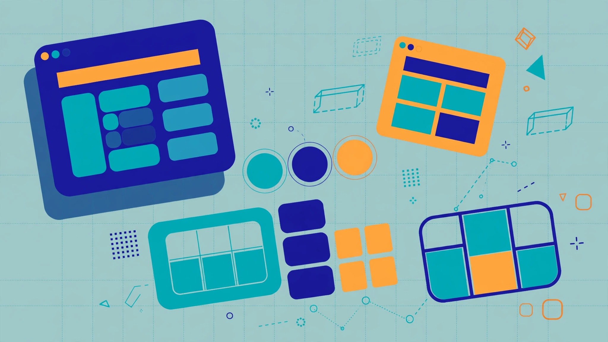 Flat vector illustration of website wireframes and layout blocks in teal, deep blue and orange