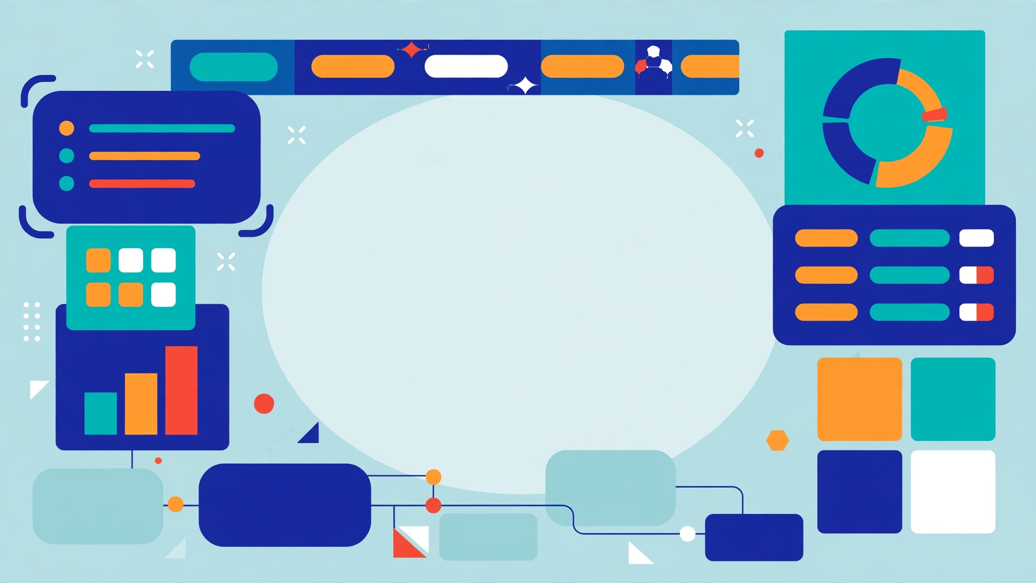 Flat vector illustration of abstract website dashboard building blocks in teal, deep blue and orange for a UK offshore WordPress development guide