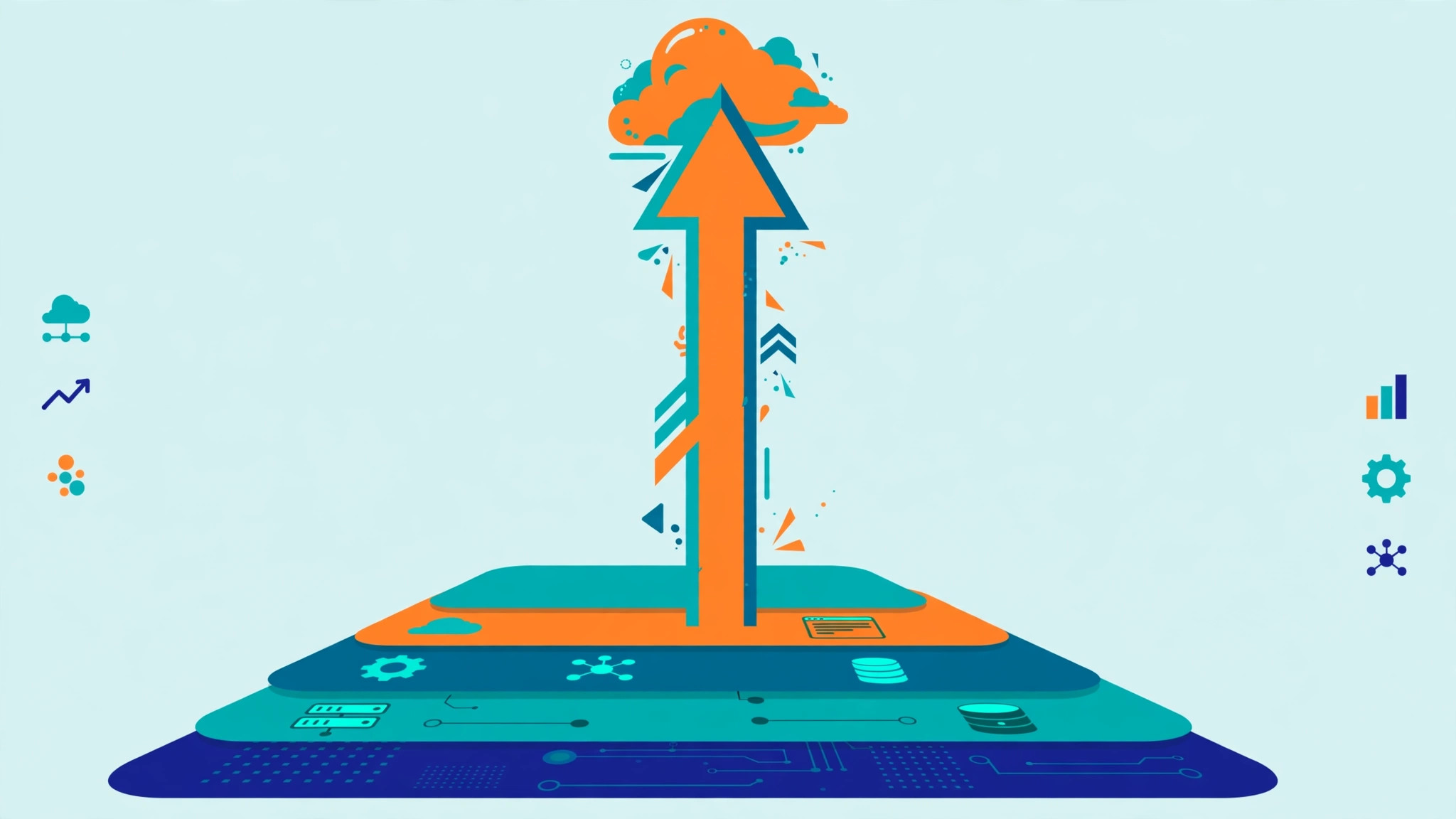 Flat vector illustration of layered cloud software stack with a rising growth arrow in teal, deep blue and orange for a UAE SaaS development guide