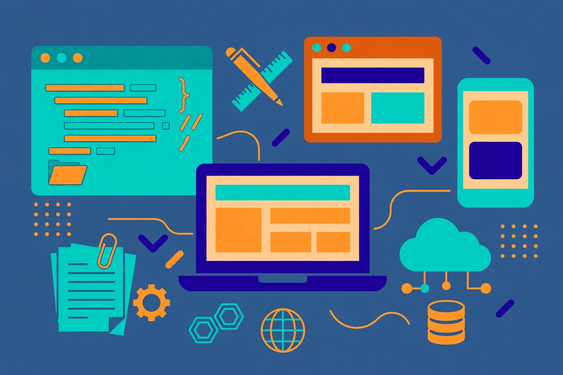 Flat vector illustration of a remote developer setup with laptop, code editor and video call windows in teal, deep blue and orange