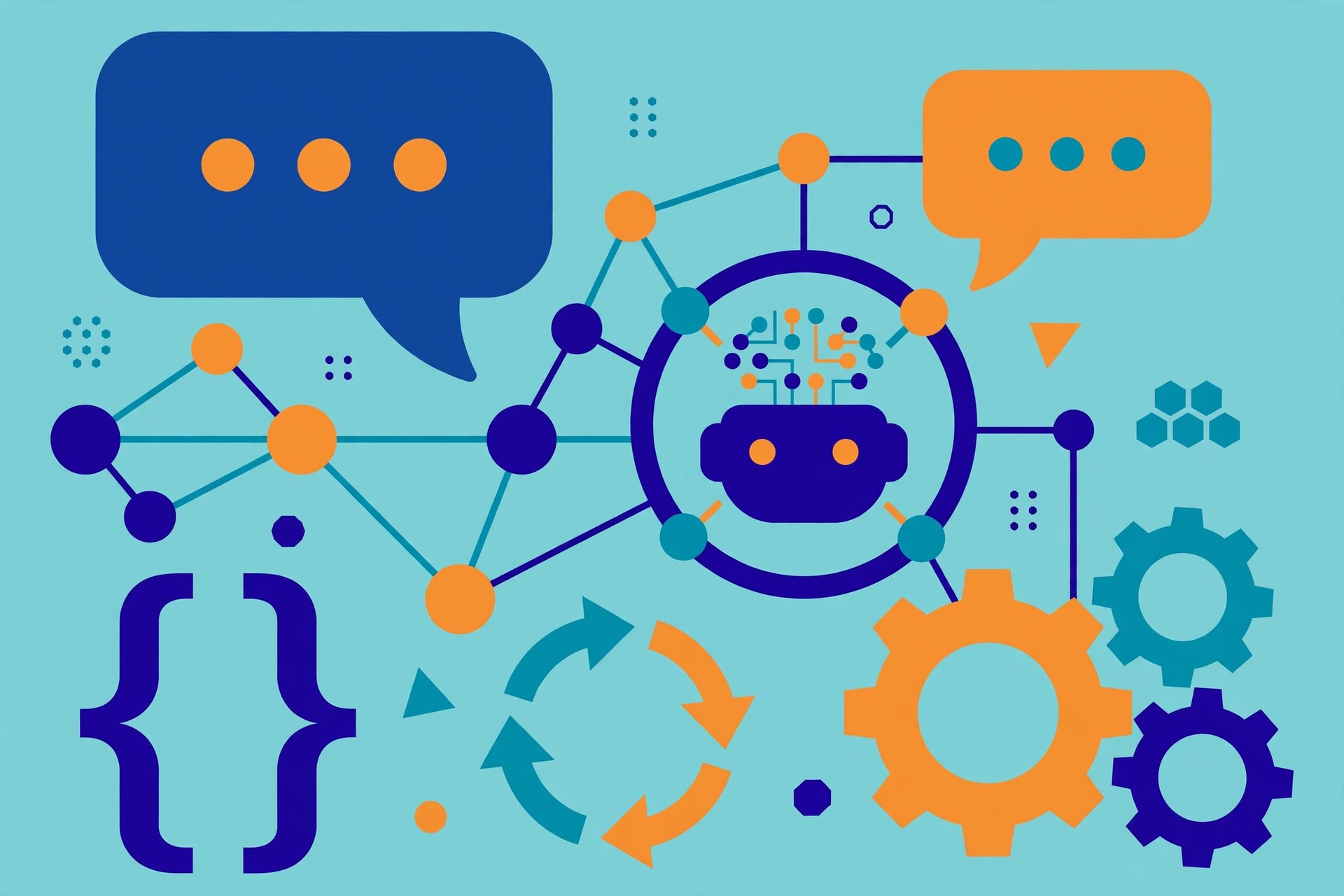 Flat vector illustration of an AI chatbot with neural network nodes and code brackets in teal, deep blue and orange