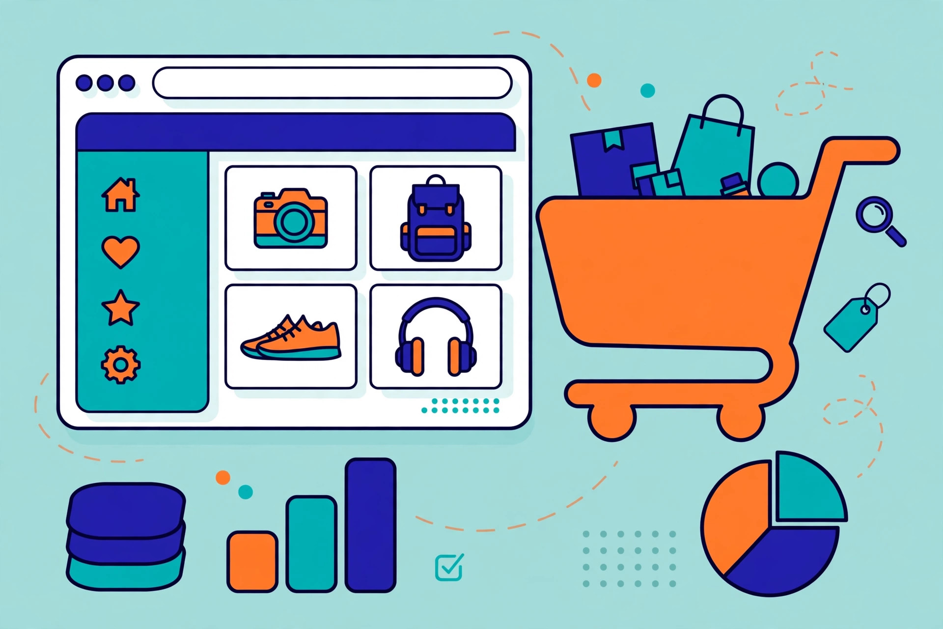 Flat vector illustration of an ecommerce storefront with shopping cart and browser windows in teal, deep blue and orange