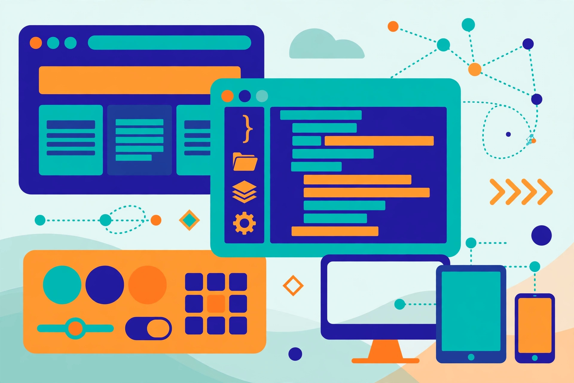 Flat vector illustration of browser windows and code brackets in teal, deep blue and orange representing WordPress development services