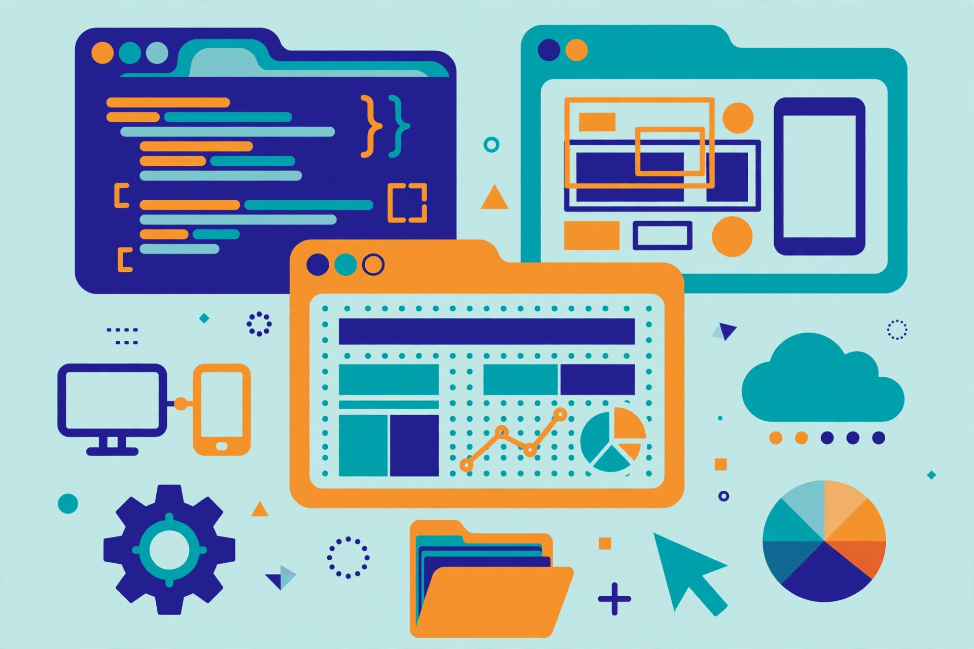 Flat vector illustration of an online store browser window with code elements in teal, deep blue and orange representing Shopify development