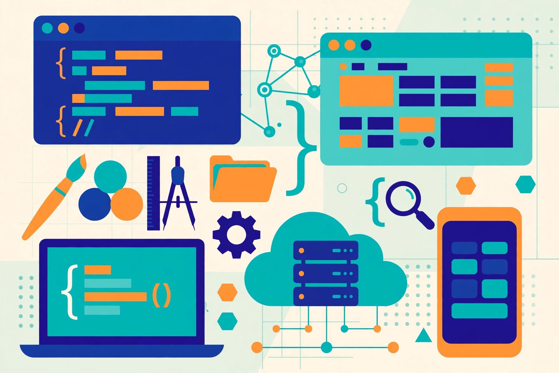 Flat vector illustration of Laravel-style code brackets and browser windows in teal, deep blue and orange