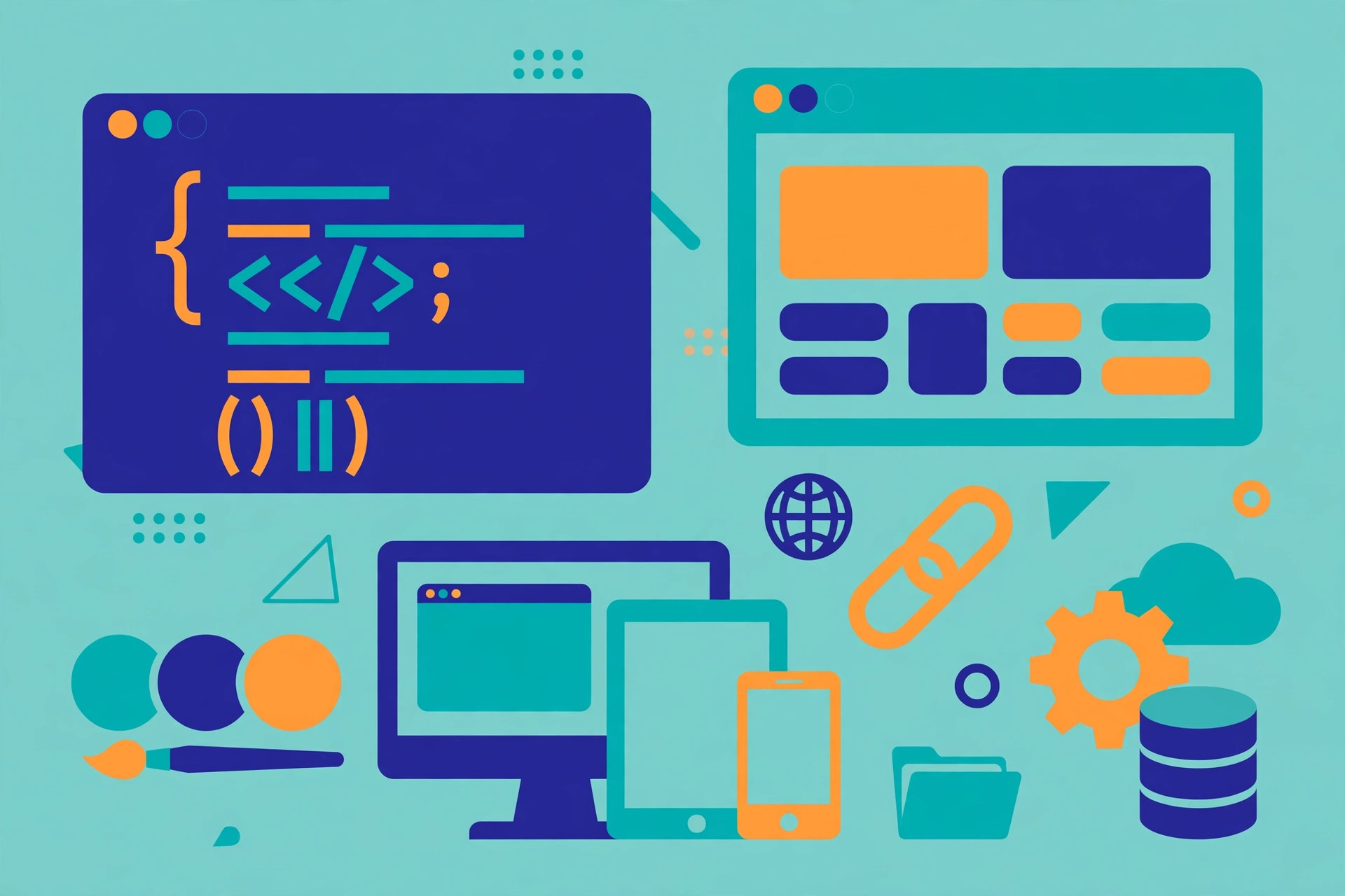 Flat vector illustration of web design layouts and browser windows in teal, deep blue and orange