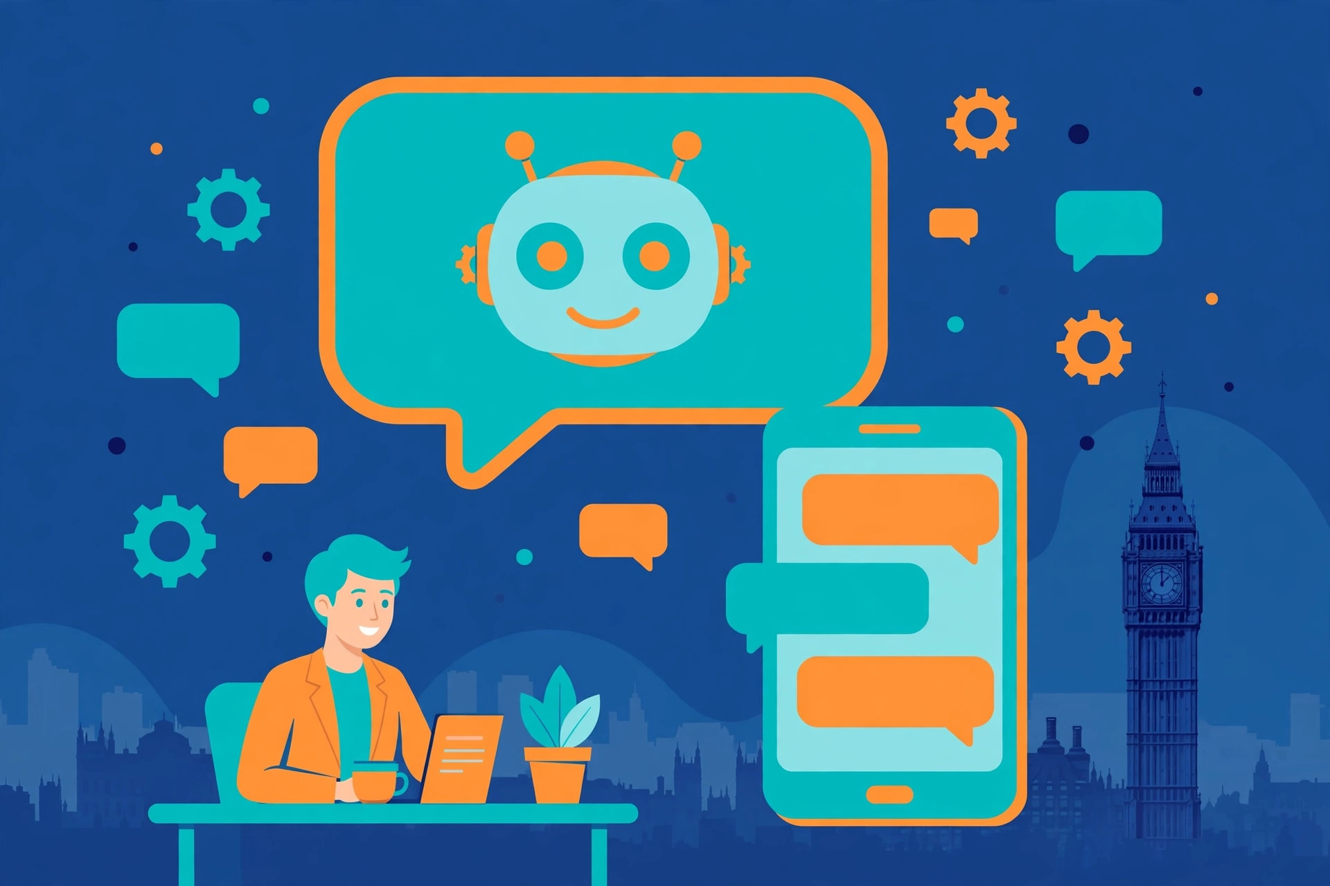 Flat illustration of an AI chatbot assisting a UK business, with chat bubbles, a smartphone and a London skyline in teal, deep blue and orange