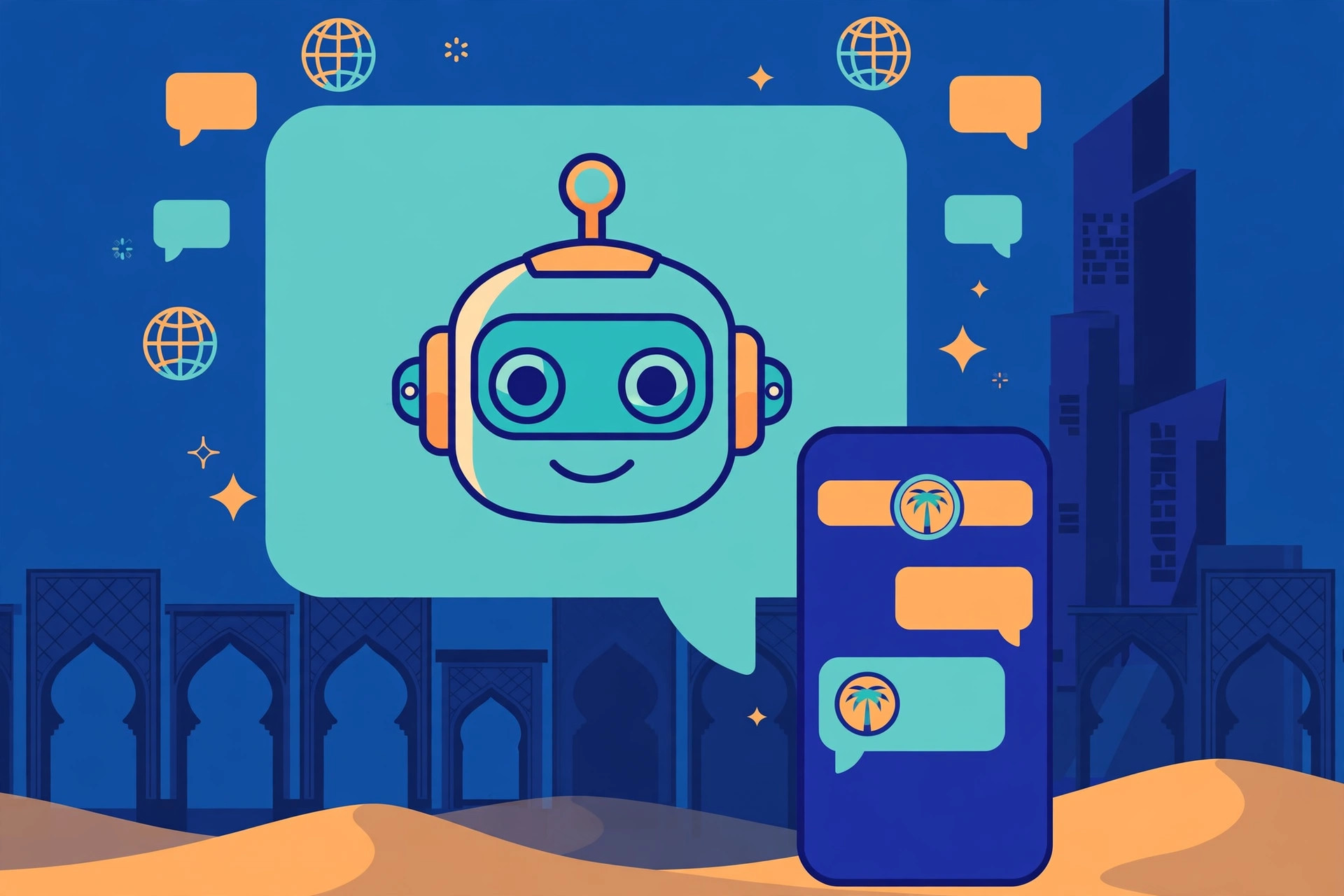 Flat illustration of an AI chatbot assisting a UAE business, with chat bubbles, a smartphone and a Dubai-style skyline in teal, deep blue and orange
