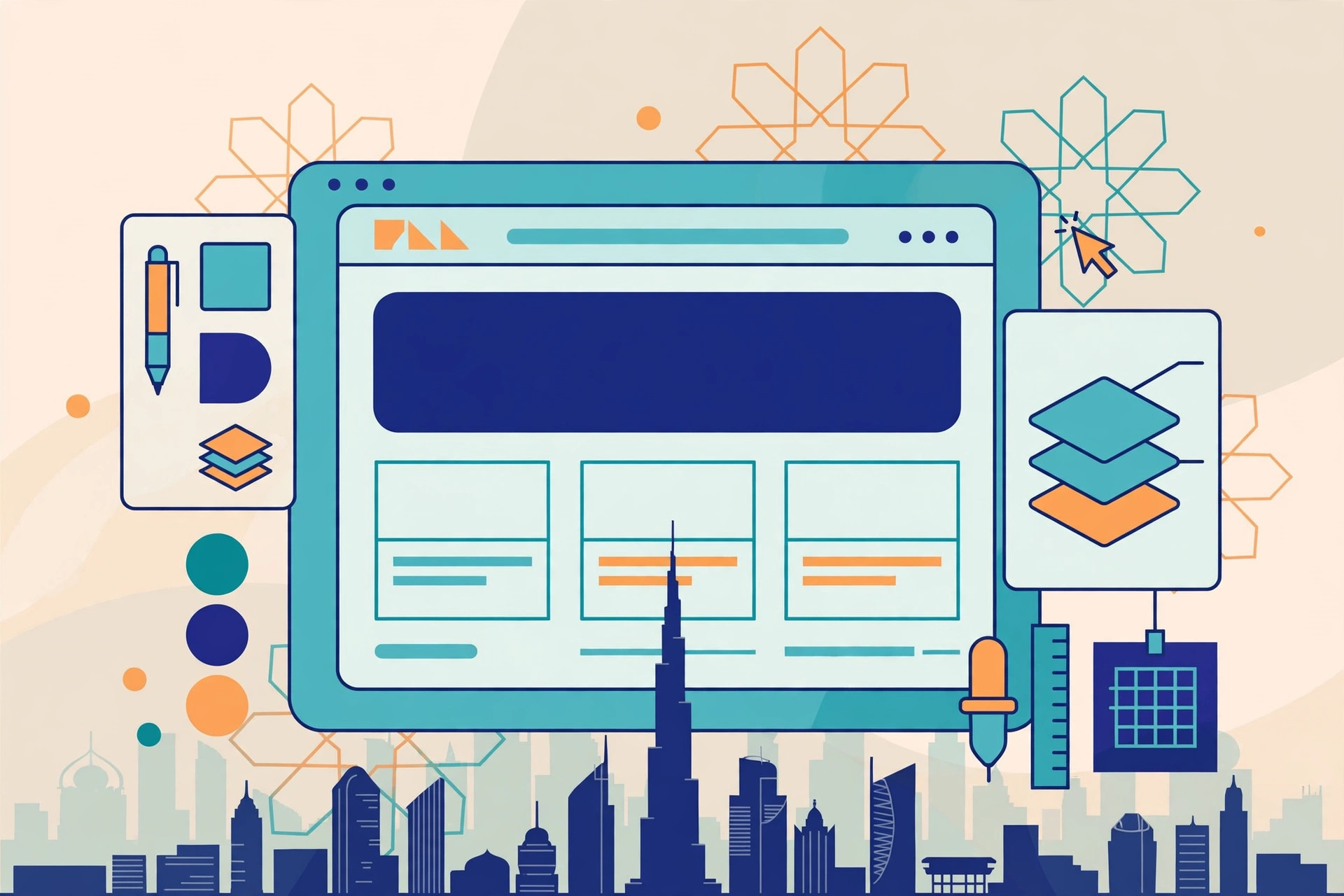 Flat illustration of modern website design with Dubai-style skyline, teal deep blue and orange palette, no text