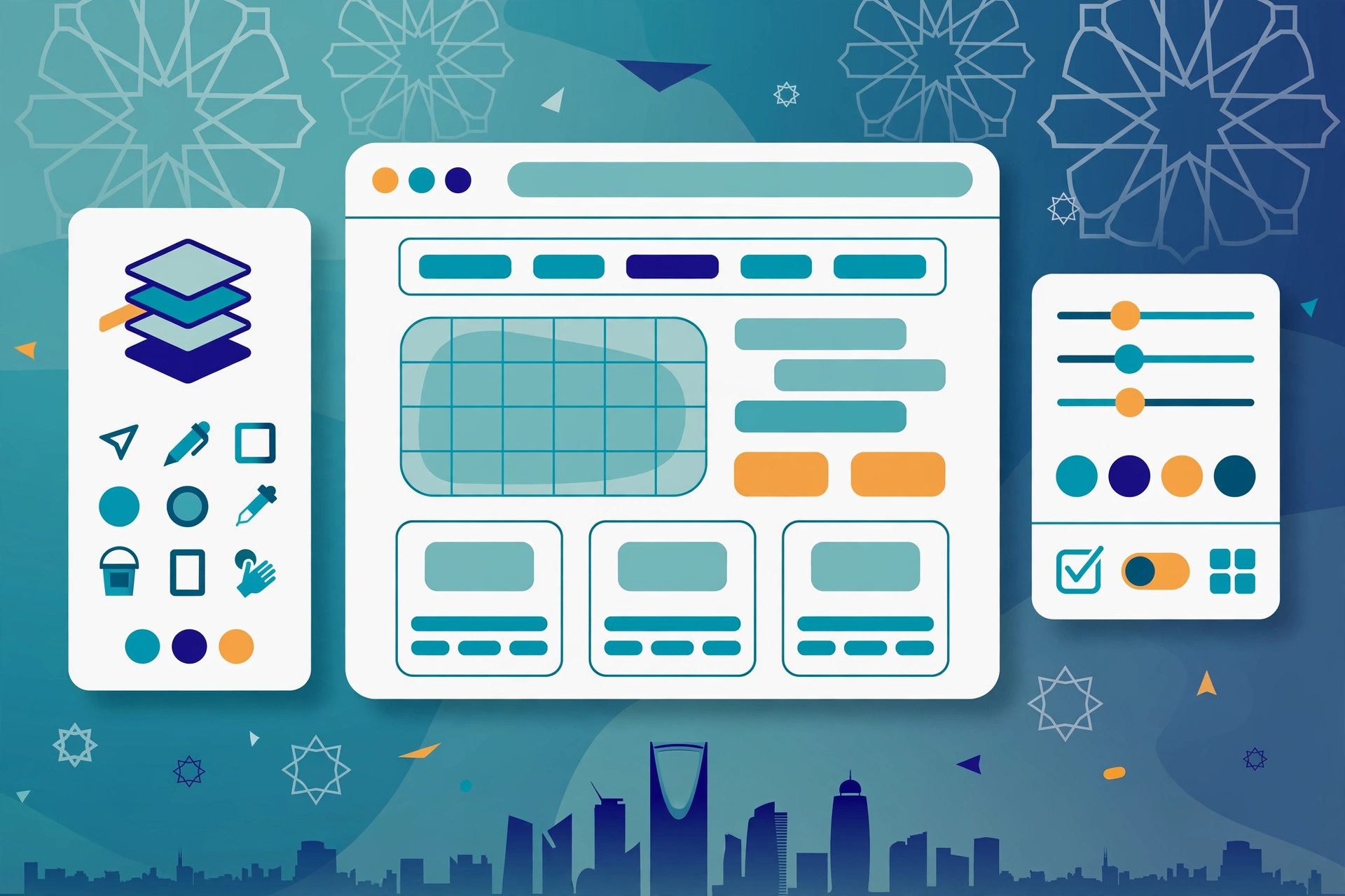 Flat illustration of modern website design with Riyadh-style skyline and geometric patterns, teal deep blue and orange palette, no text