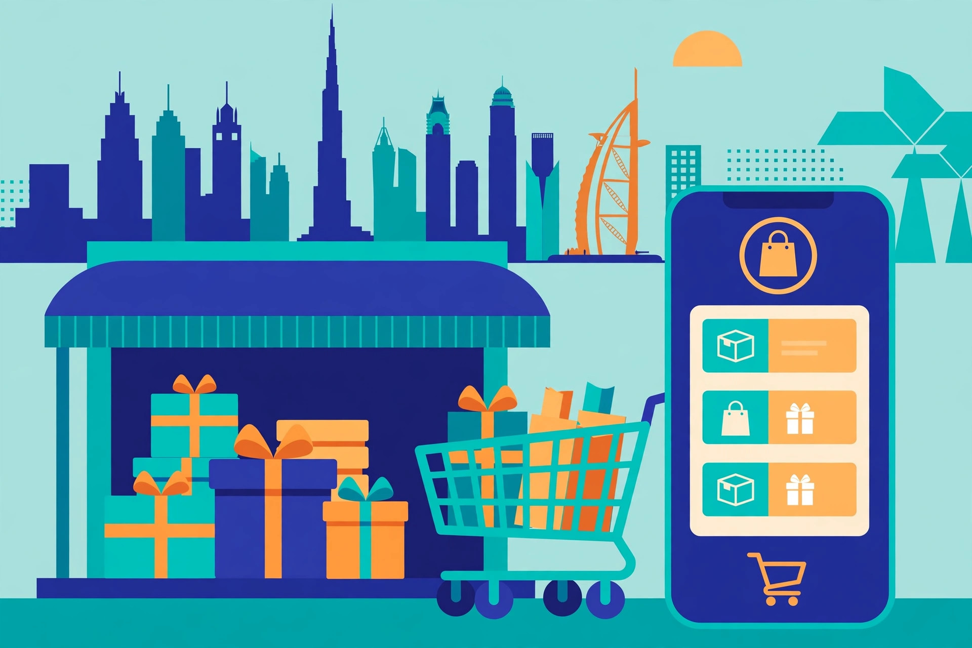 Flat illustration of an e-commerce storefront with a smartphone shopping app and Dubai skyline in teal, deep blue and orange