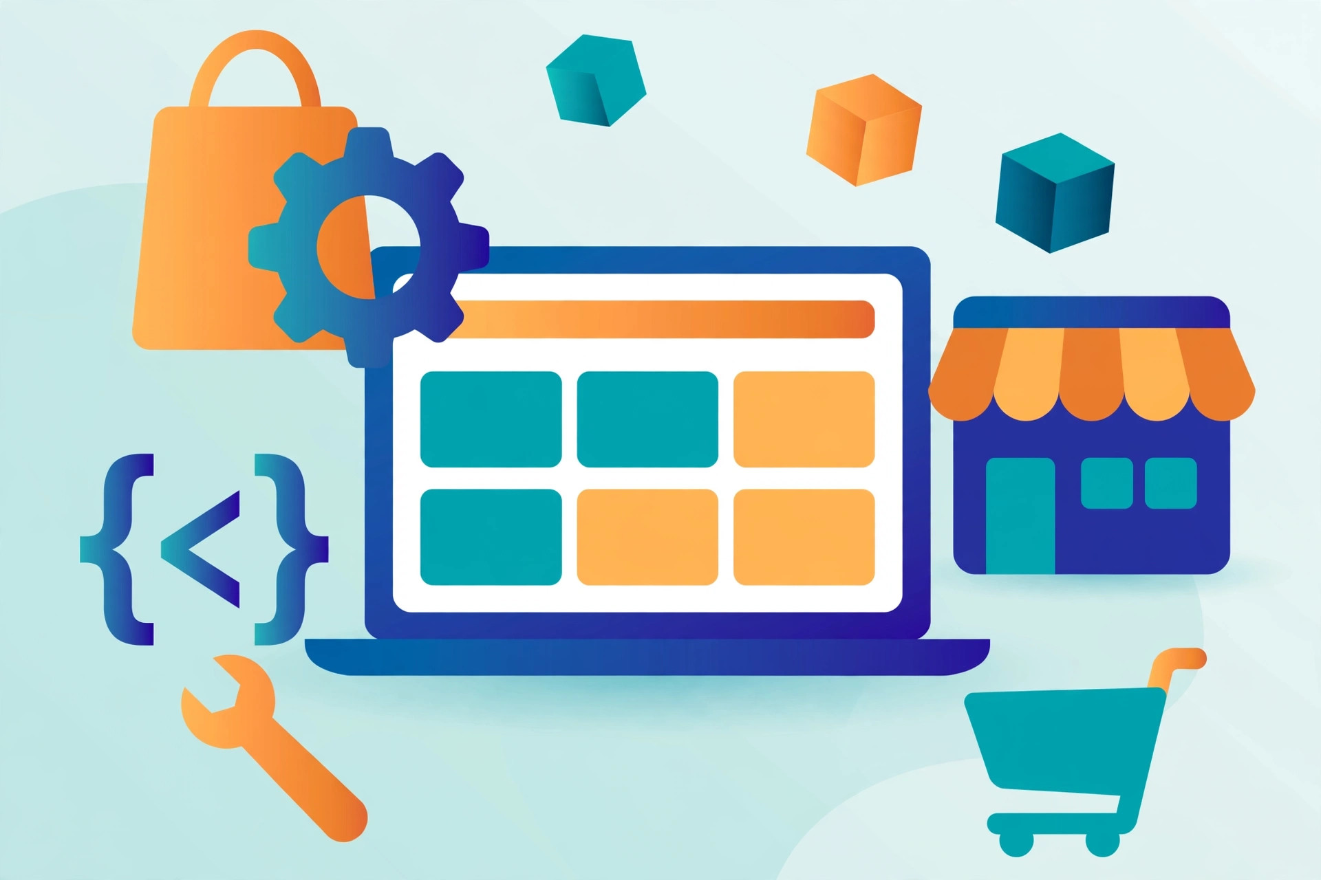 Flat illustration of building a Shopify online store: storefront, shopping bag, cart, gear and code brackets around a laptop, in teal, deep blue and orange