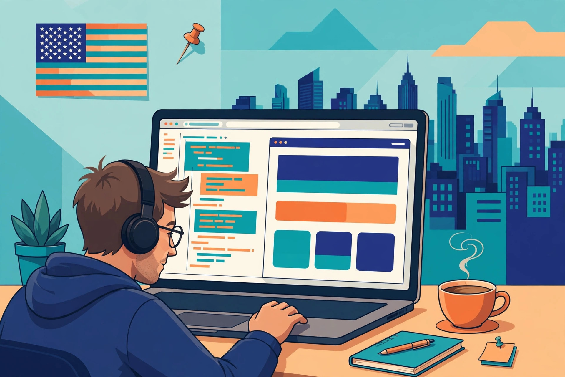 Flat illustration of a web developer building a website on a laptop for a US business, with an American flag and skyline in teal, deep blue and orange