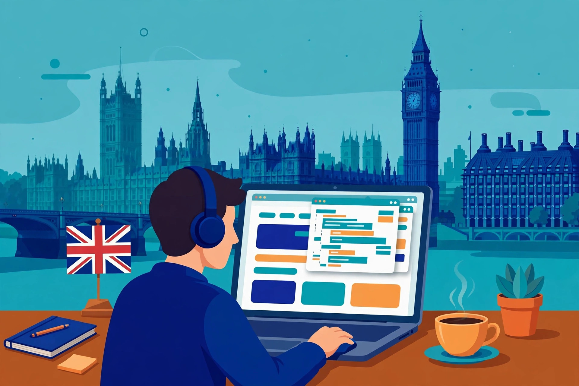 Flat illustration of a web developer building a website on a laptop for a UK business, with a Union Jack and London skyline in teal, deep blue and orange