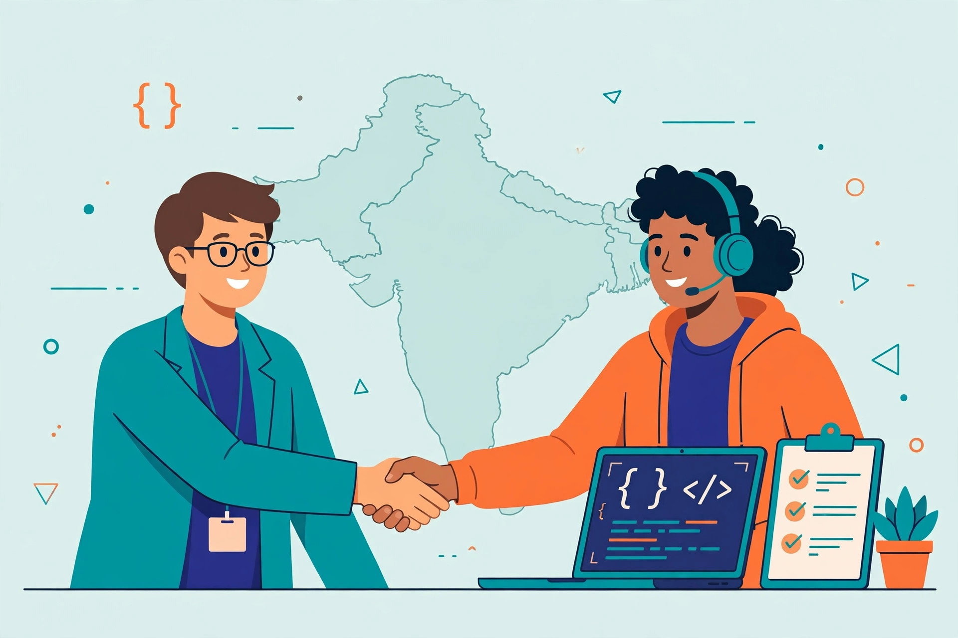 Flat illustration of a recruiter shaking hands with a remote web developer at a laptop, with code brackets and a checklist, in teal, deep blue and orange