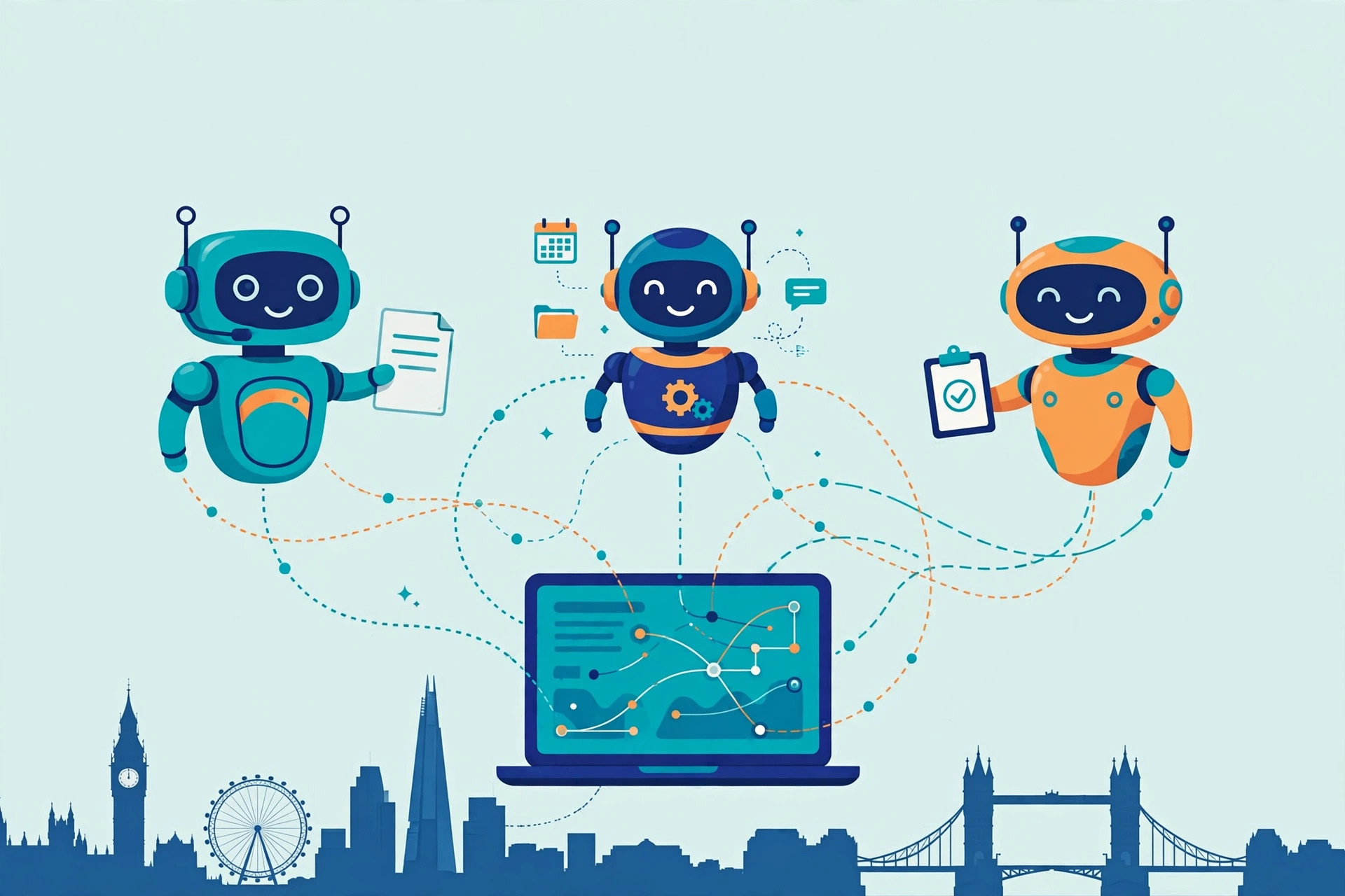 Flat illustration of friendly AI robot agents automating office workflows for a UK business, with data lines and a London skyline in teal, deep blue and orange