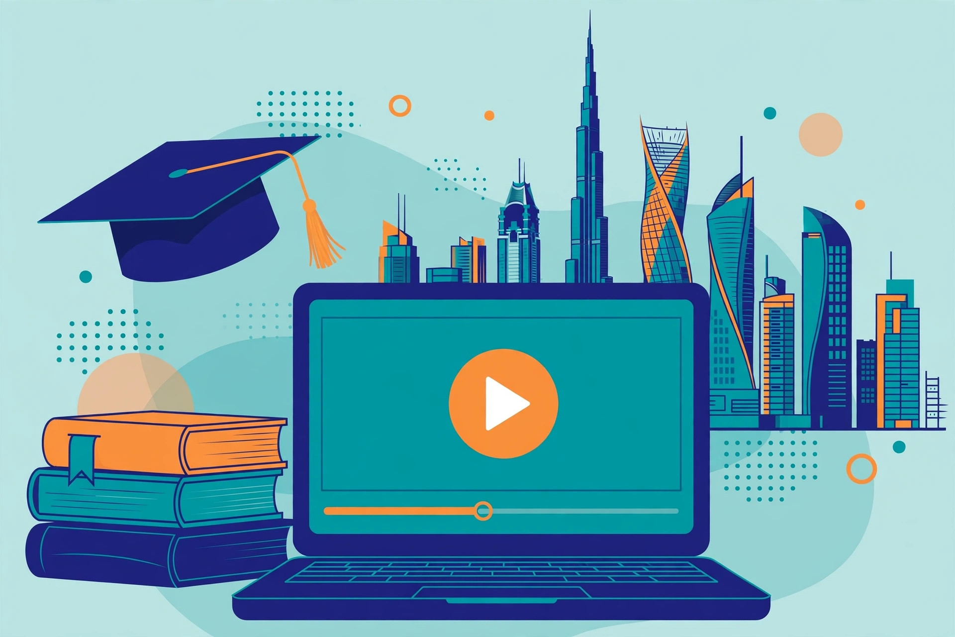 Flat illustration of an online learning management system for the UAE, with a laptop showing a video lesson, a graduation cap, books and a Dubai skyline, in teal, deep blue and orange