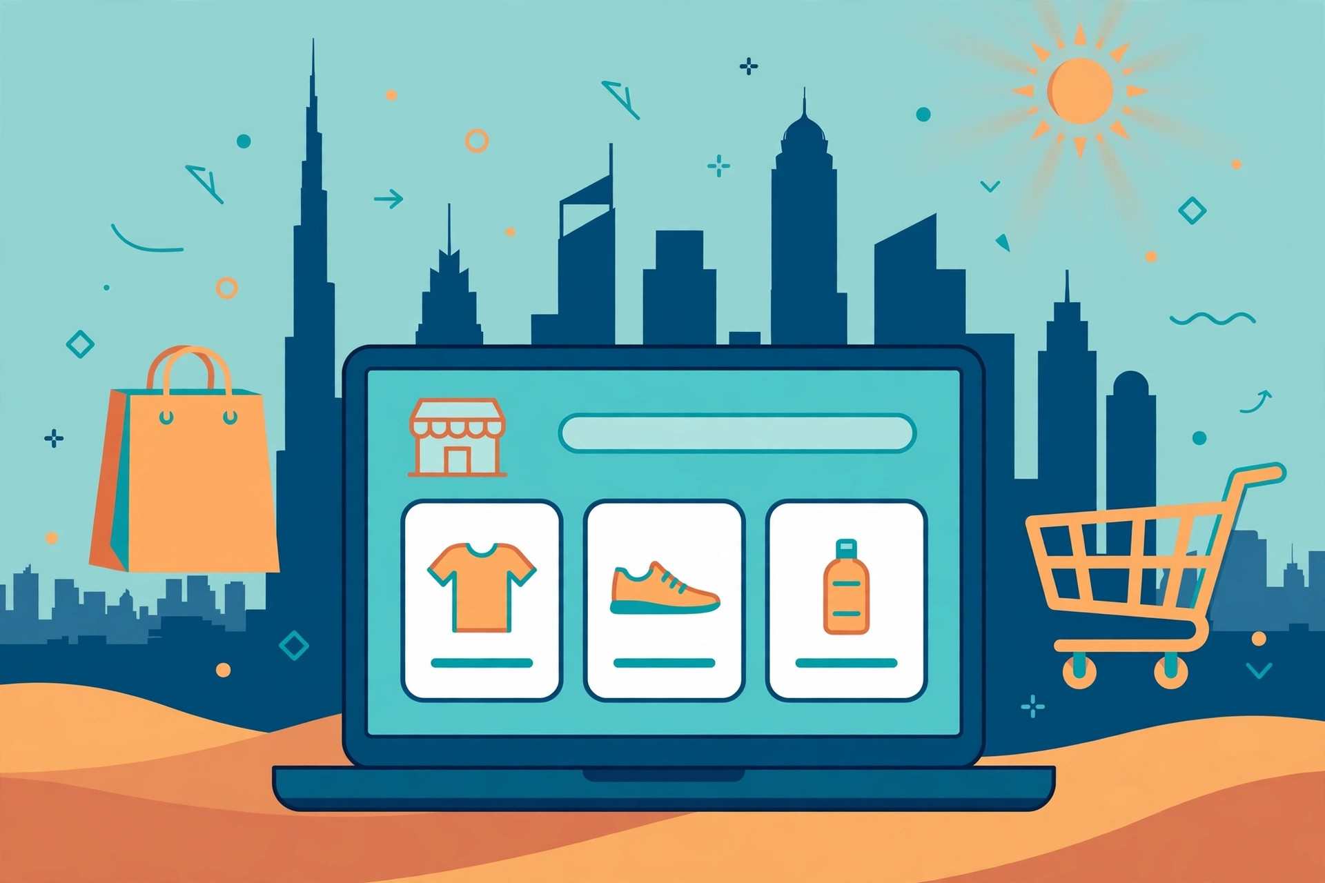 Flat illustration of a Shopify online store on a laptop with a shopping bag and a Dubai skyline in teal, deep blue and orange