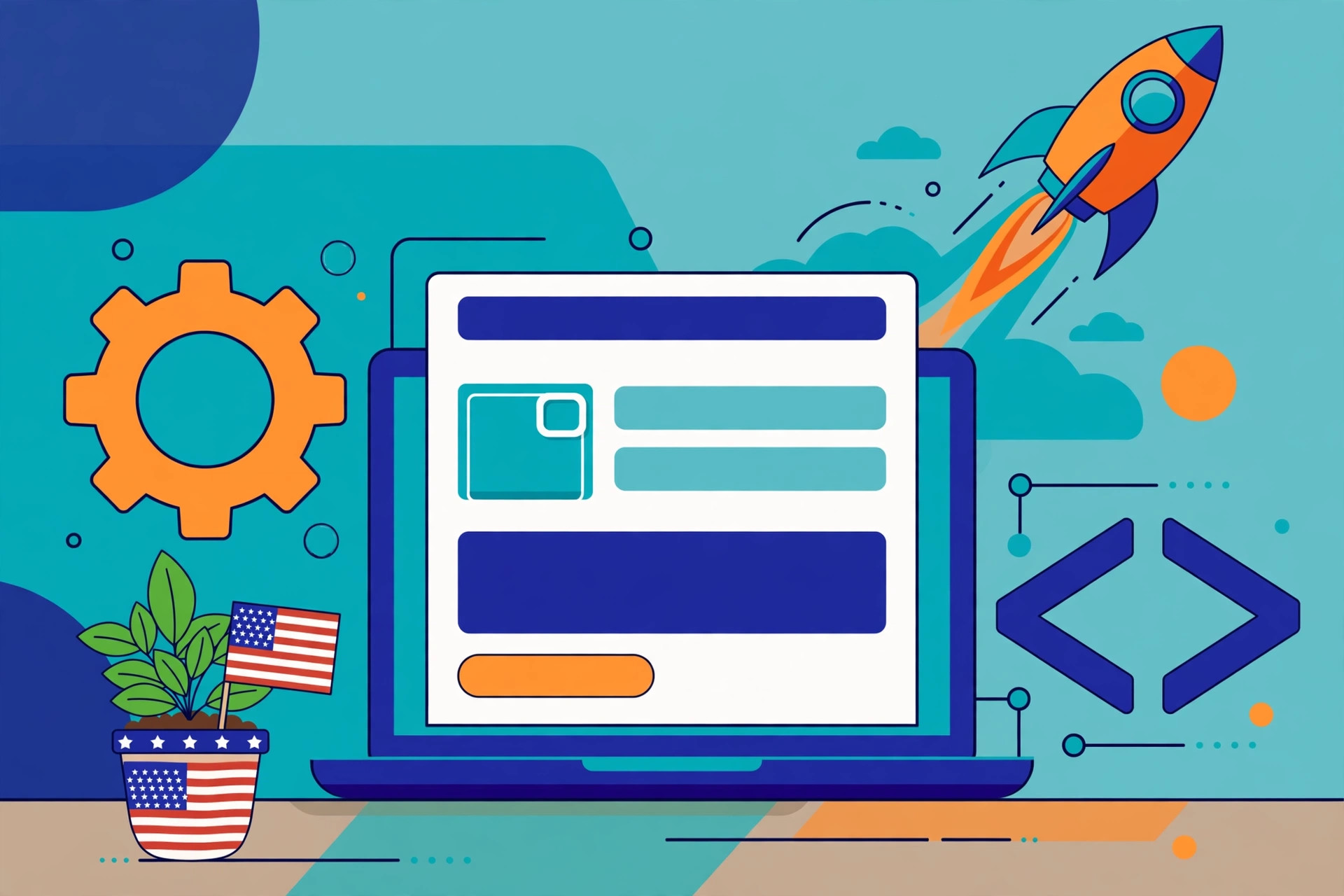 Flat illustration of a WordPress website being built on a laptop with code brackets, a gear and a rocket in teal, deep blue and orange