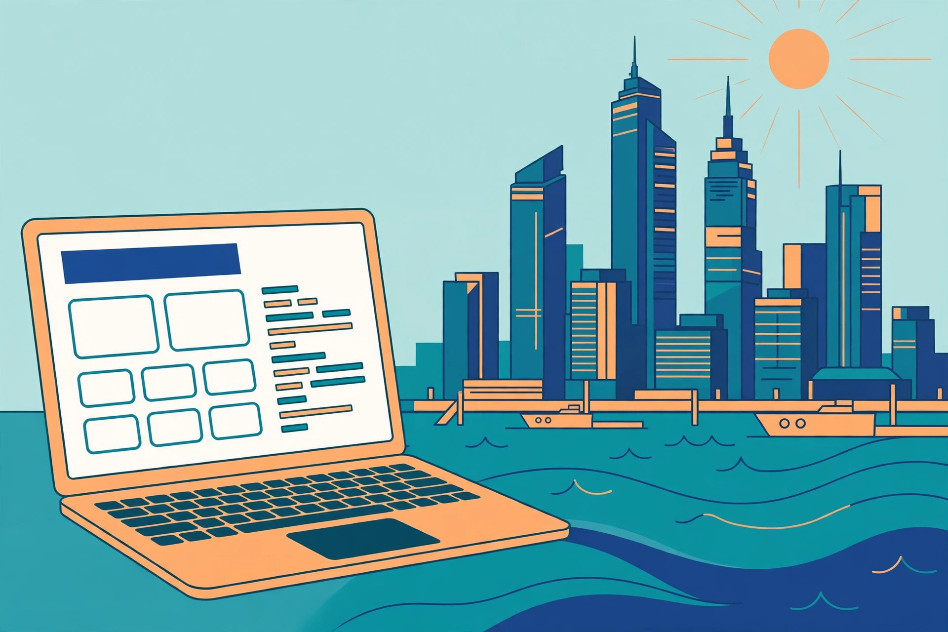Remote web developer in Pakistan building a business website for a Qatar client, with laptop, code, and video call on screen
