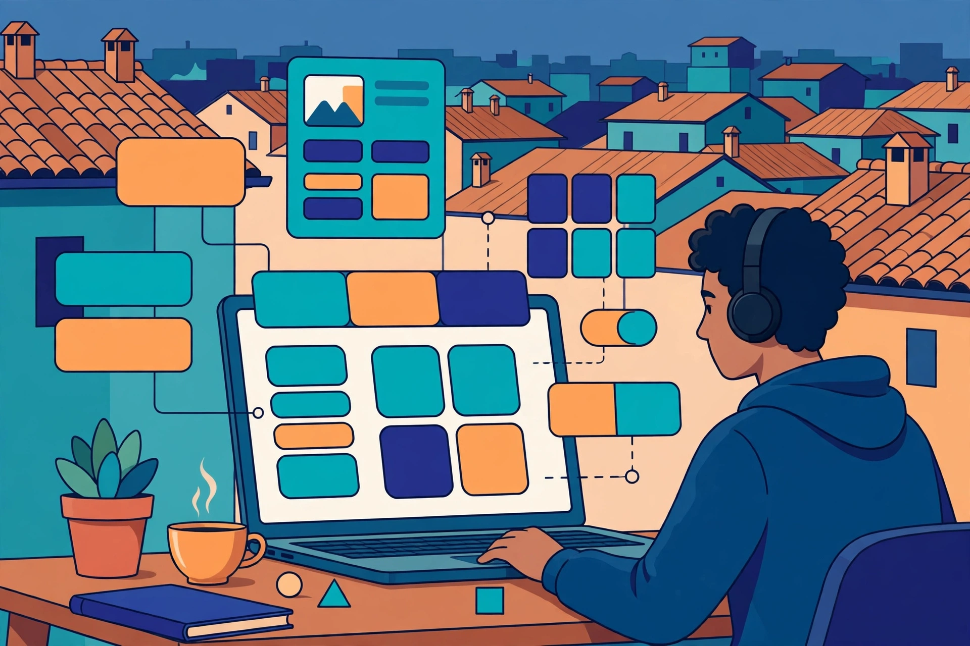 Remote React developer building a modern web application interface on a laptop